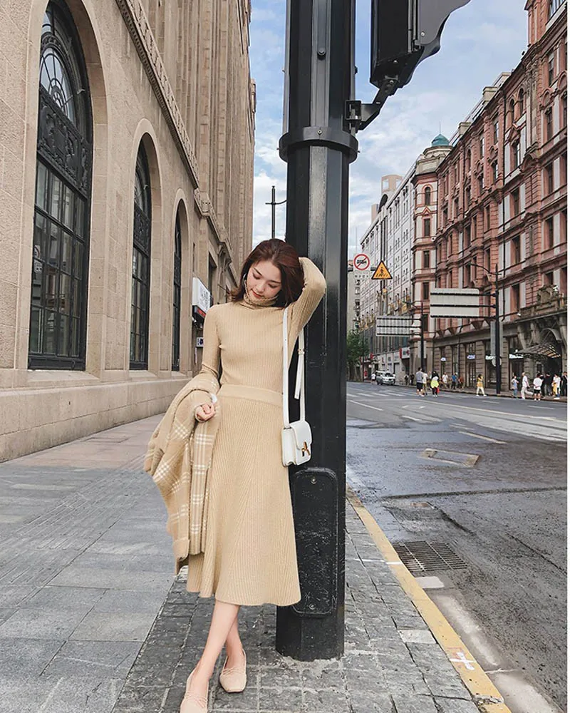 NORMOV Fashion Womens Autumn And Winter New High Waist Long Section Knitted Skirt Wool A Word Skirt Solid Color Casual Skirt