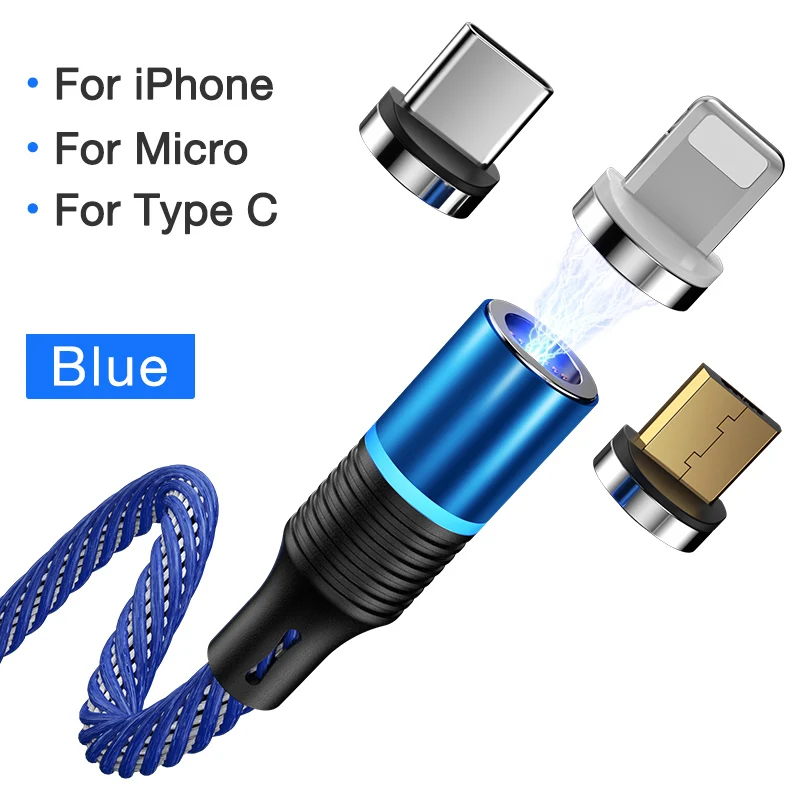 Blue 3 in 1 Cafele новейший светодиодный QC3.0 Магнитный USB кабель для iPhone Micro USB кабель type C плетеный кабель зарядное устройство для samsung Xiaomi huawei - Цвет: Blue 3 in 1
