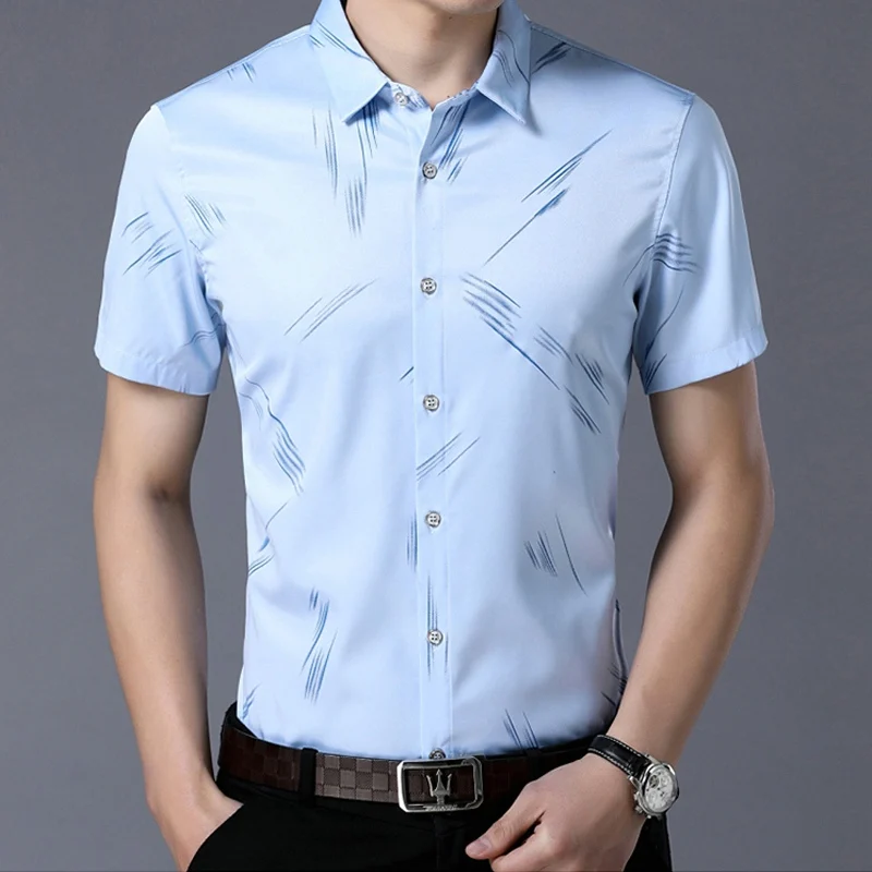 0818 Light Blue Новая мужская Весенняя летняя рубашка с коротким рукавом с принтом для молодых и средних лет, Мужская умная Повседневная рубашка синего и фиолетового цвета HOWDFEO - Цвет: 0818 Light Blue