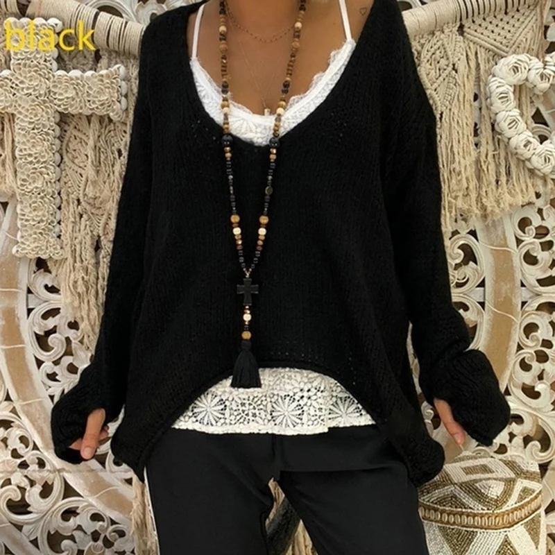 Sweater Female Korean Style Knitting Sweaters V-Neck Irregular Casual Loose Bodycon Basic Pullovers For Tops | Женская одежда