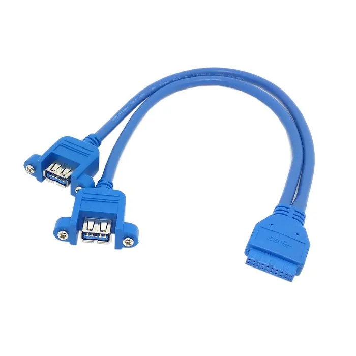 

USB 3.0 Dual Ports A Female Screw Mount Type to Motherboard 20pin Header cable with Screw Panel Mount Holes Black & Blue 20cm
