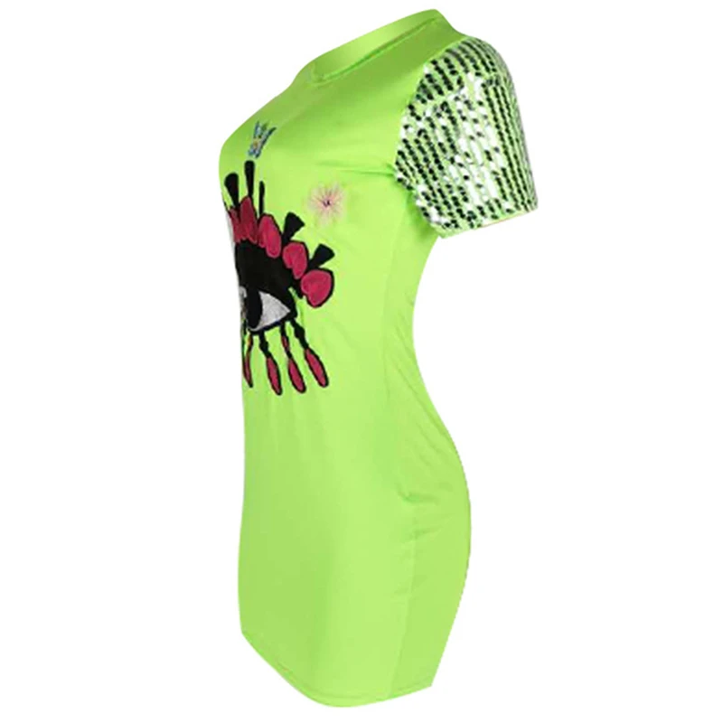 

Eye Embroidered Applique Dress Female 2019 Summer Fashion New Round Neck Short Sleeve Sexy Sequin Dress H00200