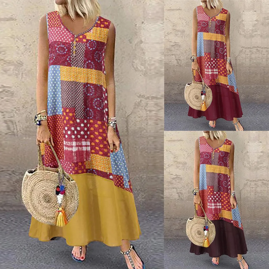 Женское винтажное летнее лоскутное платье без рукавов с принтом повседневное