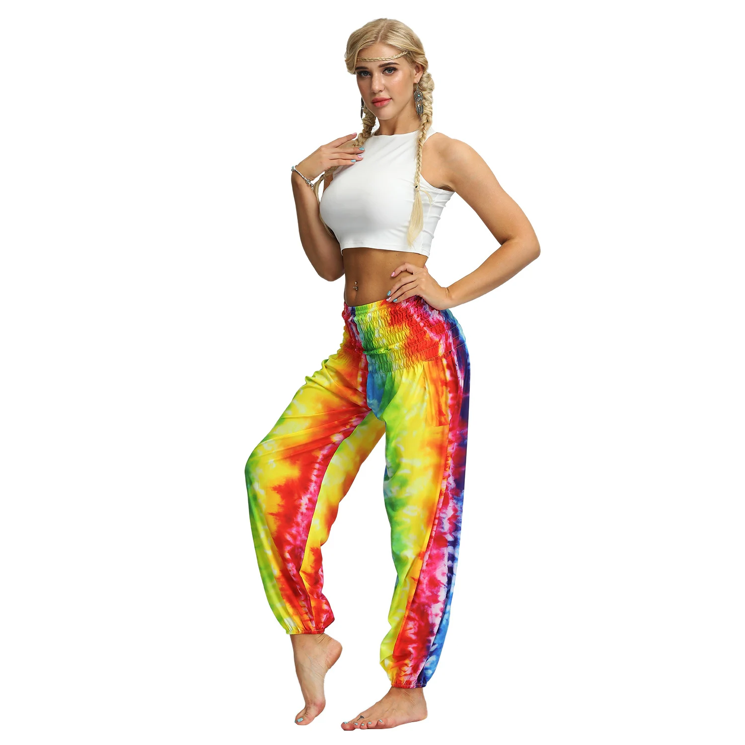JIGERJOGER Tie die Peacock feather Smock шаровары женские брюки широкие шаровары плюс размер бегунов пляжные брюки