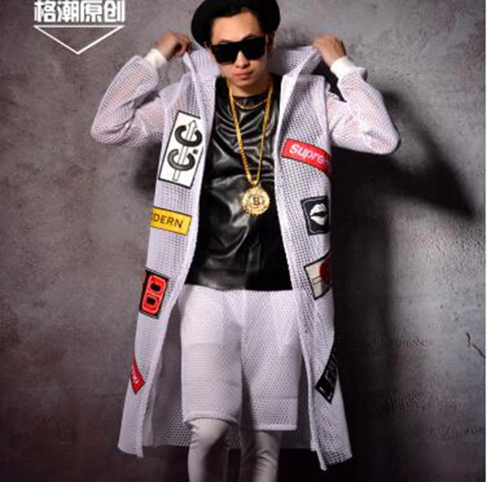 Men's spring and autumn edition of the new fashion casual trend boutique host bar singer white mesh collage jacket / M-2xL | Мужская