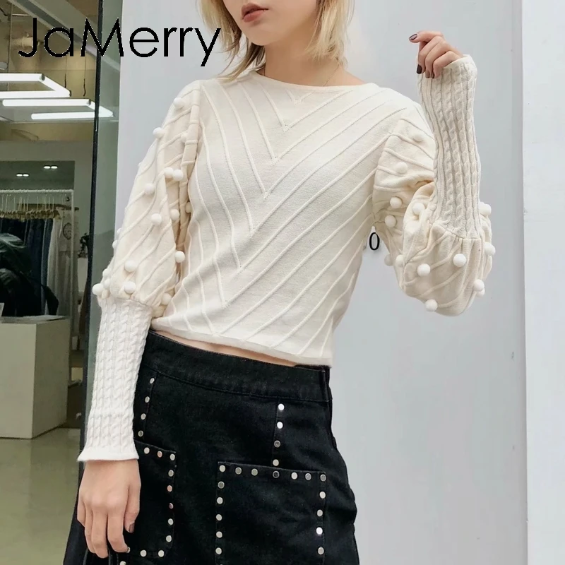 JaMerry Lantern sleeve short sweater tops High waist ball knitting pullover Kitted women korean fashion Christmas female jumpers | Женская