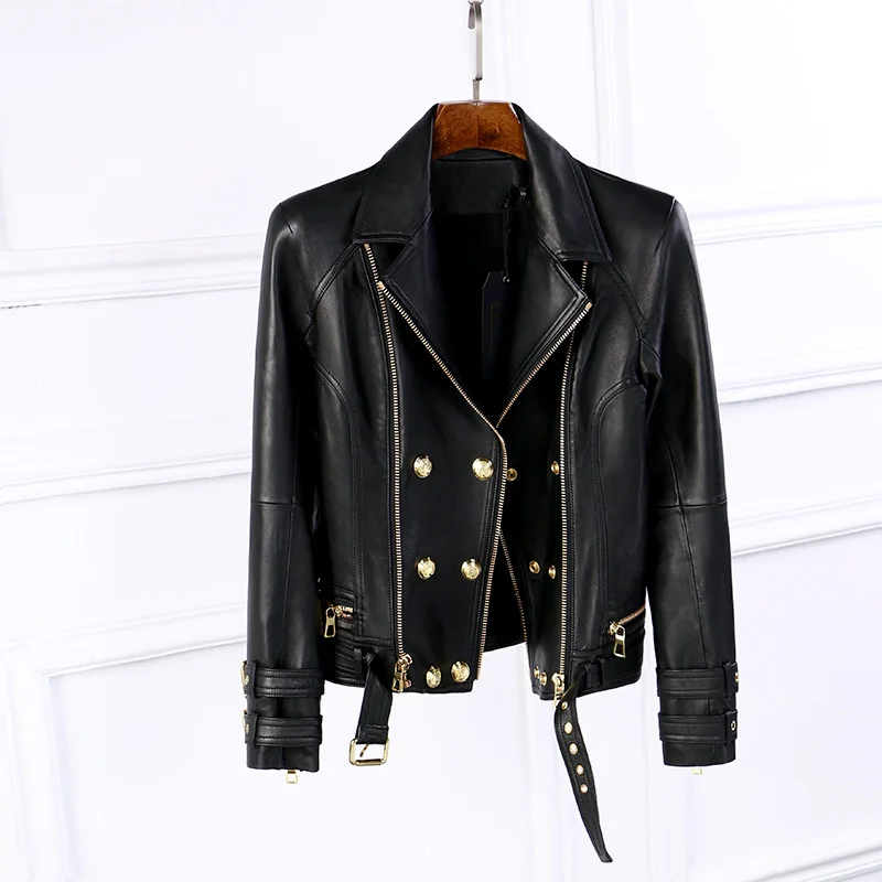 Genuine Leather Jacket Women Real Sheepskin Motorcycle Rivet Biker Female Coat Clothes 2019 | Женская одежда