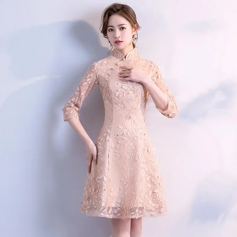 Новое летнее Мини Cheongsam модное китайское короткое стильное Qipao Восточное женское элегантное женское платье Вечерние тонкое платье Vestido Размер s-xxl - Цвет: Apricot