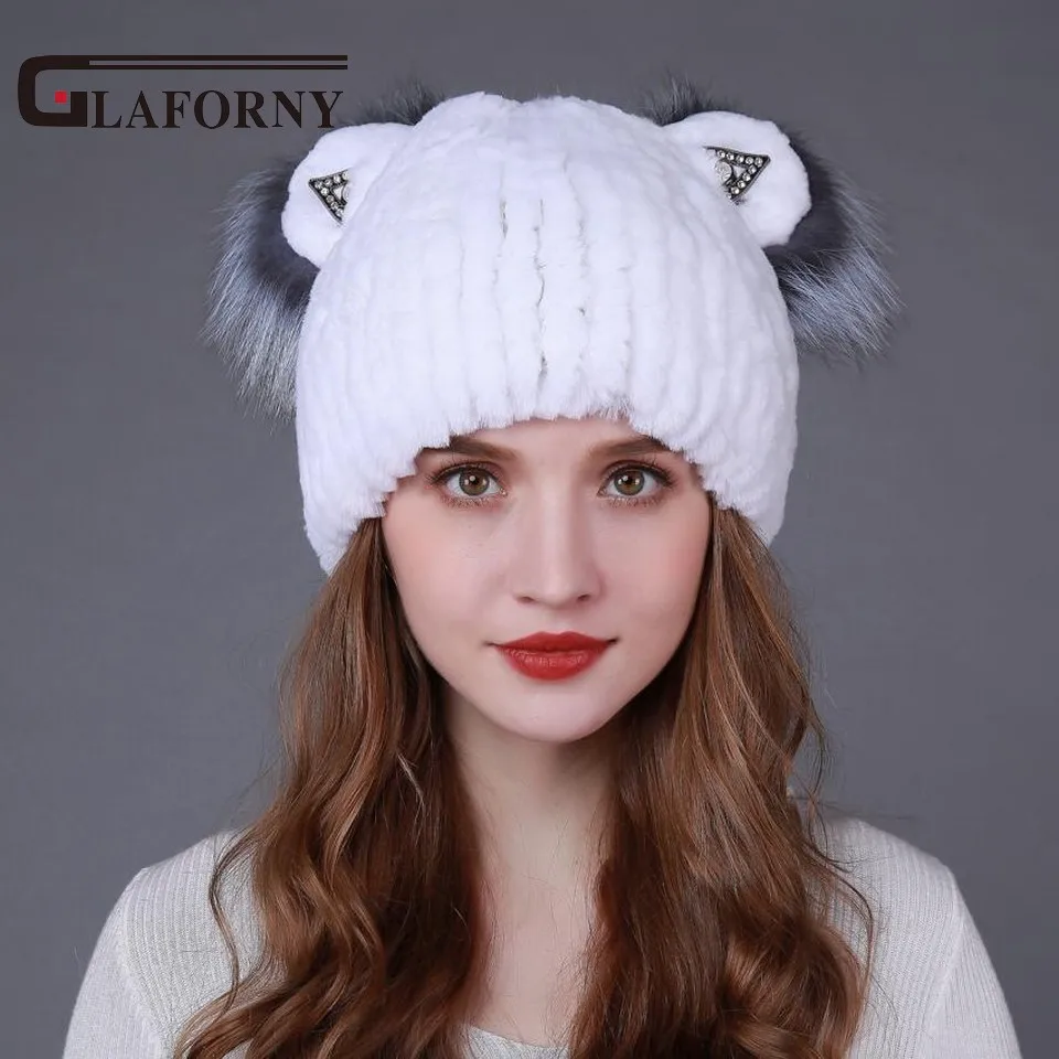 Женская меховая шапка Glaforny натуральная из меха кролика рекс с милыми кошачьими