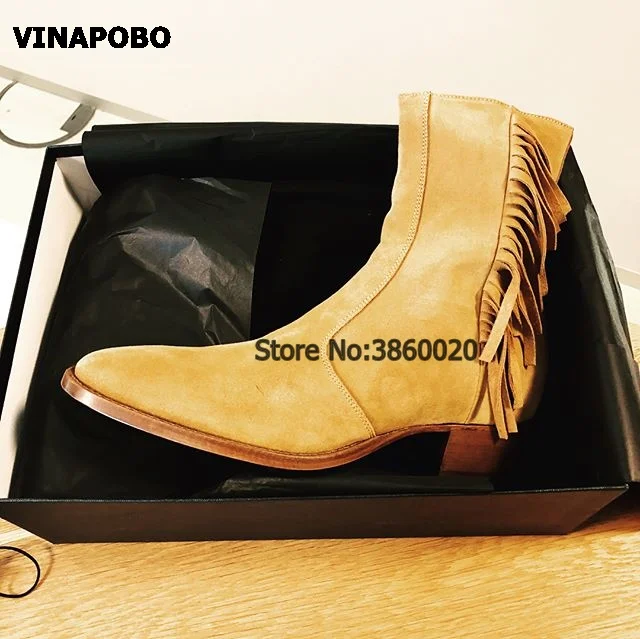 VINAPOBO/; Коричневые Замшевые мужские ботильоны с кисточками; модные кроссовки на низком каблуке с боковой молнией и бахромой; высокие ботинки «Челси»; Ботинки martin - Цвет: as the pircture