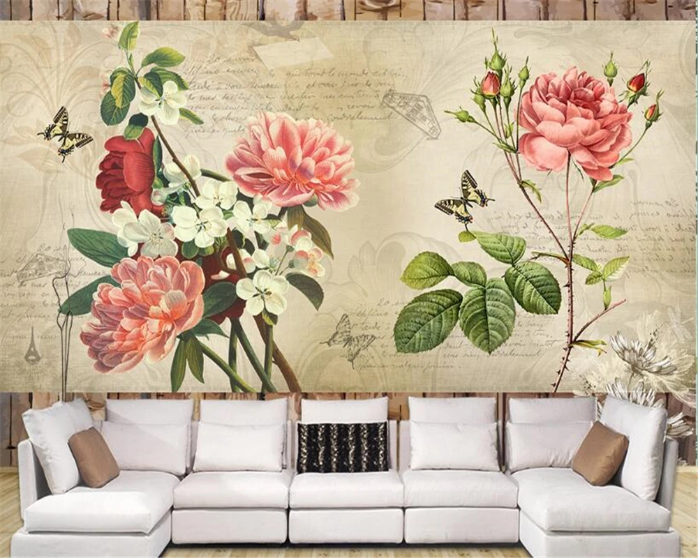 3d обои в стиле ретро высокая эстетическая атмосфера розовая роза бабочка |