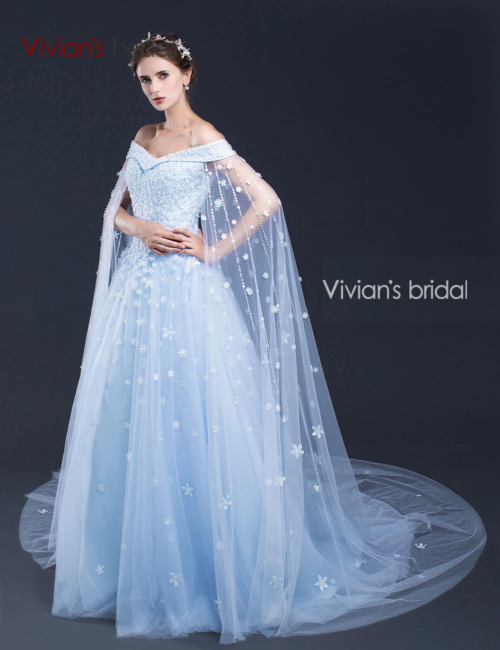 Vivian's Bridal синее свадебное платье 2016 Цветок без шнурка Кружева Тюль A Line