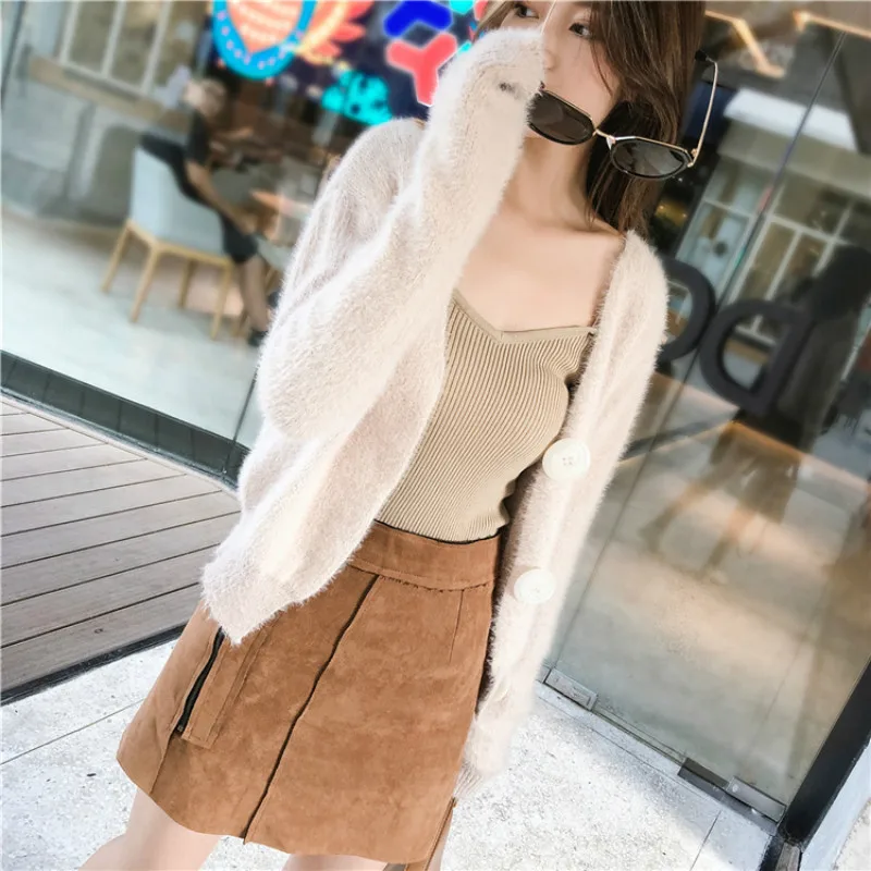 DANJEANER Korean Style Women Solid Mohair Short Cardigan Autumn Winter Warm Fashion V Neck Knitted Sweaters Pull Femmee Jackets