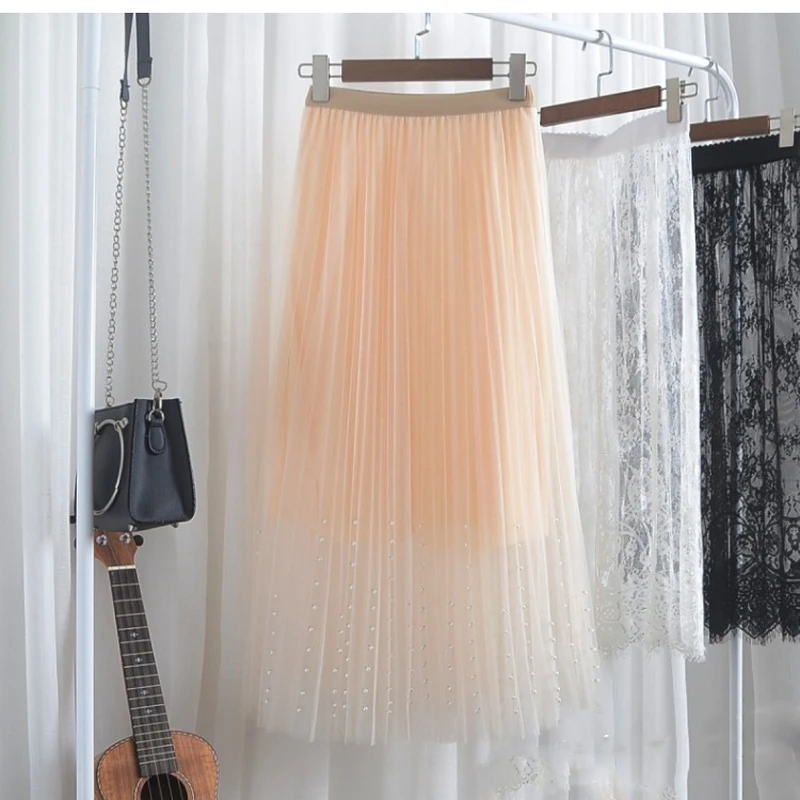 

2019 Spring summer New A-line Mesh Long Pleated Skirts Beaded Women Tulle Skirt Black white Princess Sweet Saias Female