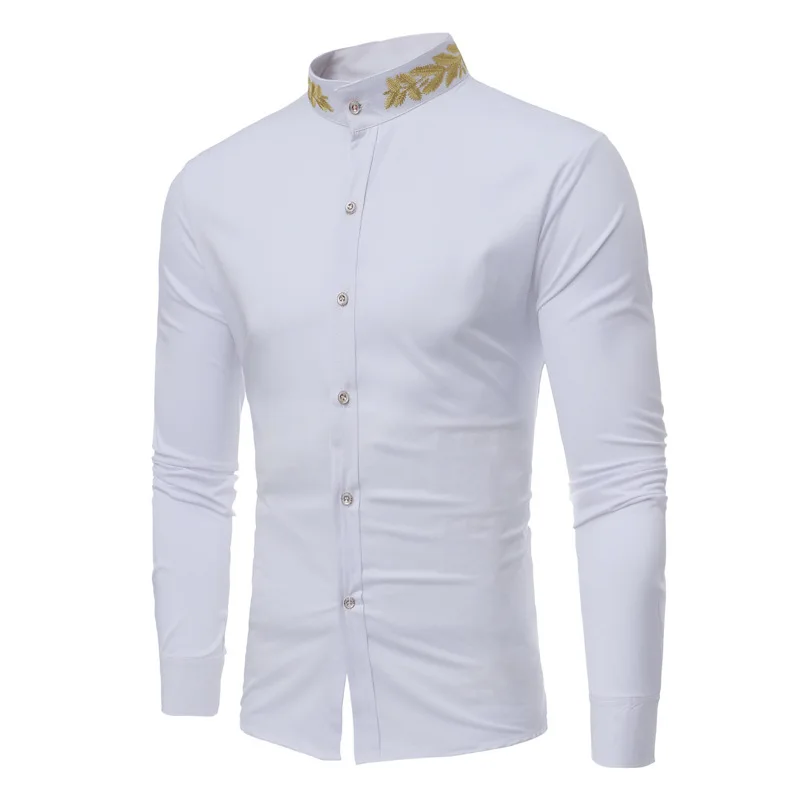 Мужские хипстерские золотые вышитые Мандарин Воротник Slim Fit с длинным рукавом