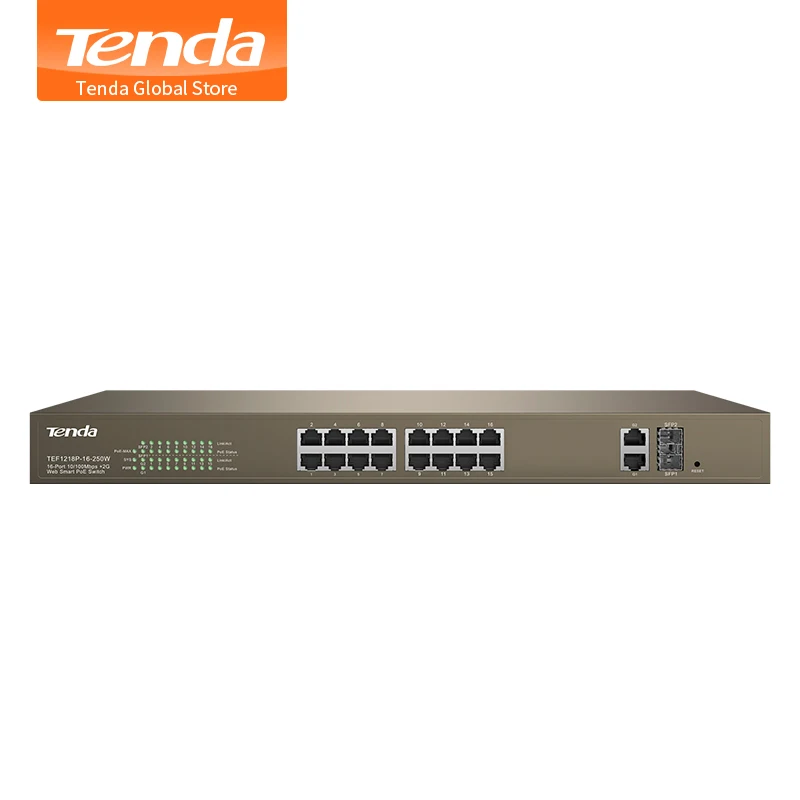 Tenda TEF1218P 16 250W Port 10/100 Мбит/с 2 Gigabit Web Smart PoE Switch переключатель передачи на большие