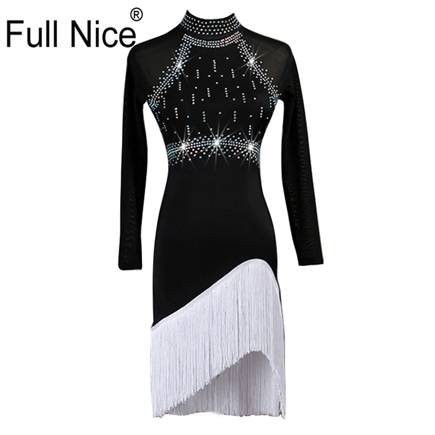 

Womens Latin Dance Dress Rhinestones Tassels Ballroom Stage Performance Dancewear Long Sleeve Dress