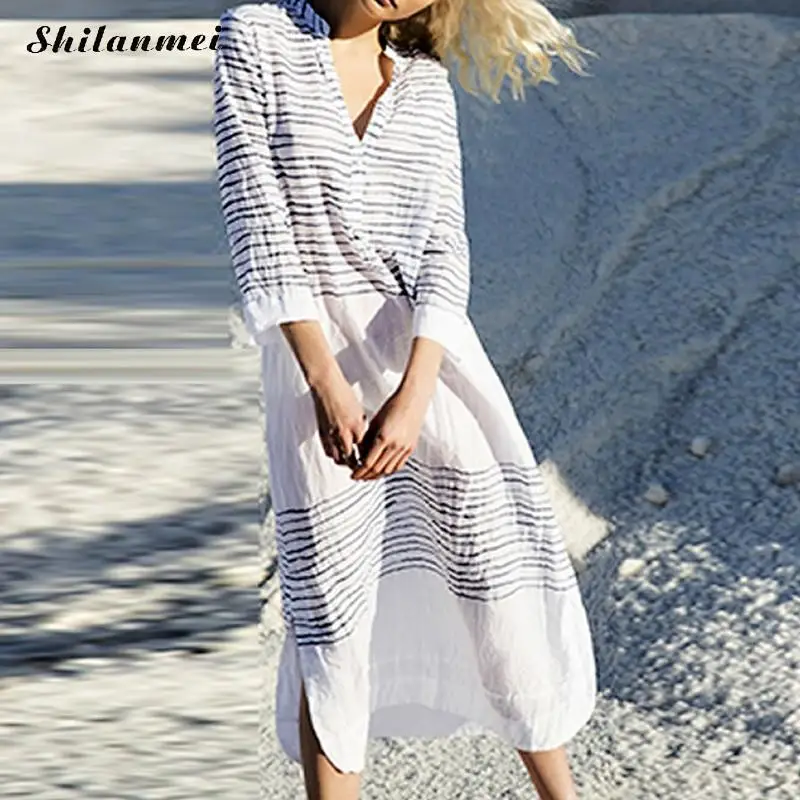 Повседневное Свободные Boho пляжное платье Для женщин 2018 летние белые в полоску