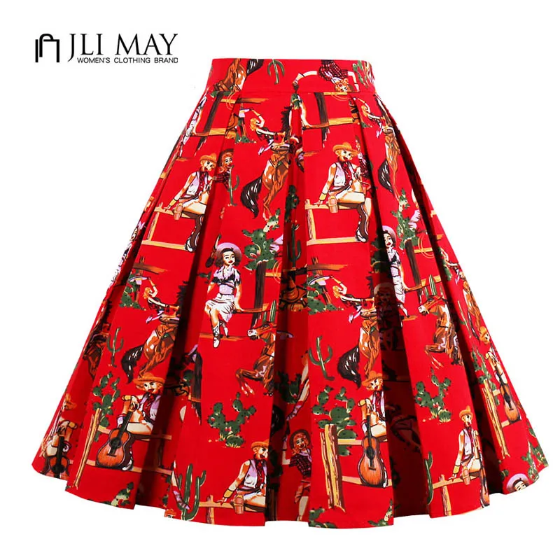JLI MAY Ретро стиль высокая талия короткая юбка с принтом миди красная 50 s для