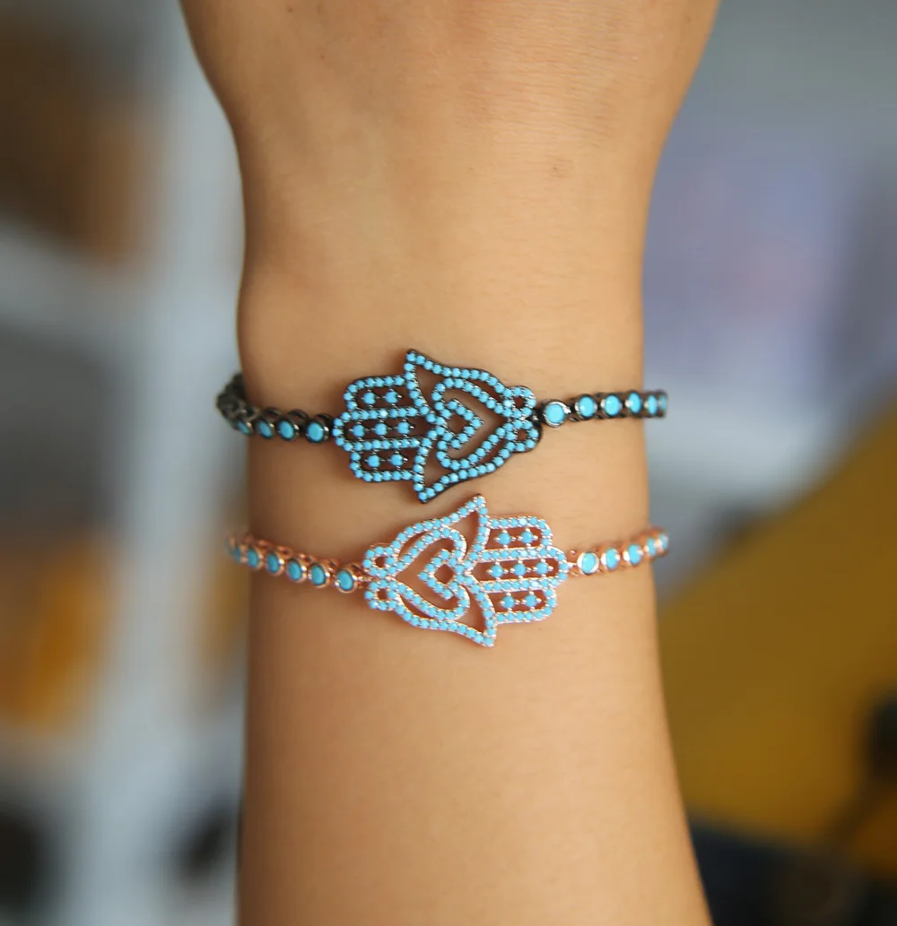 Женский браслет с синим цирконием Nice Hamsa блестящий цепочкой для тенниса черный