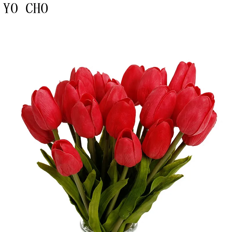 

YO CHO, 10 шт., бесплатная доставка, искусственные мини-тюльпаны полиуретан с эффектом реального прикосновения, цветы для украшения дома, свадьб...