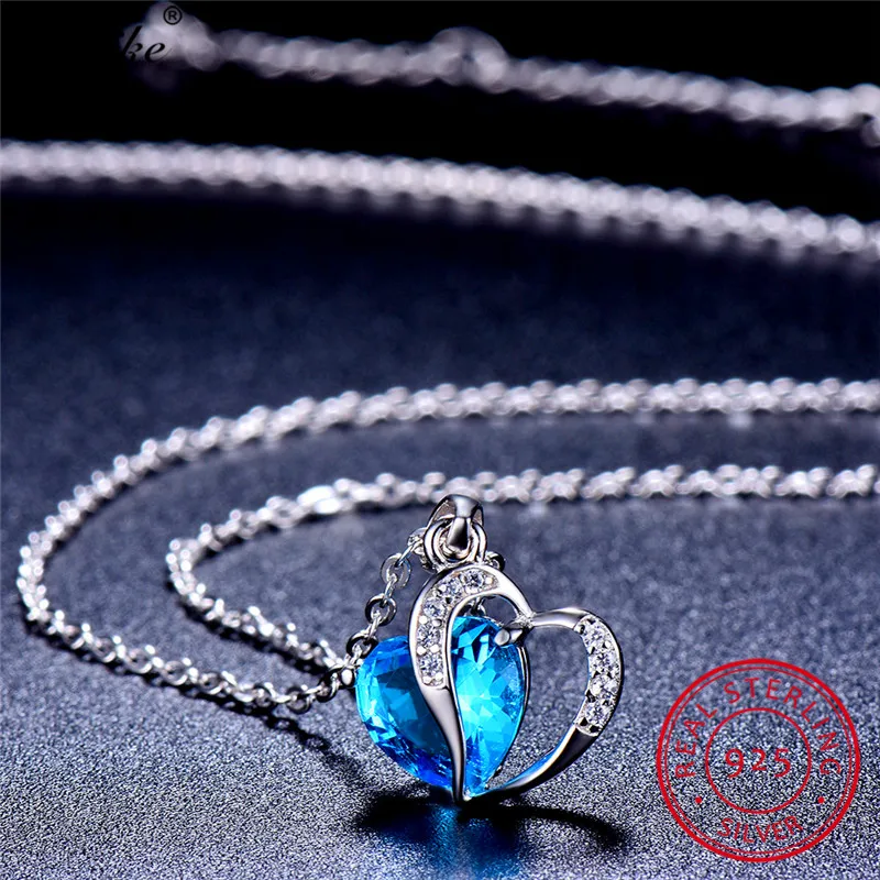 Female Austrian Crystal Heart Pendant Necklaces For Women 925 Sterling Silver Necklace Aquamarine Blue Green Stone Bride Jewelry | Украшения