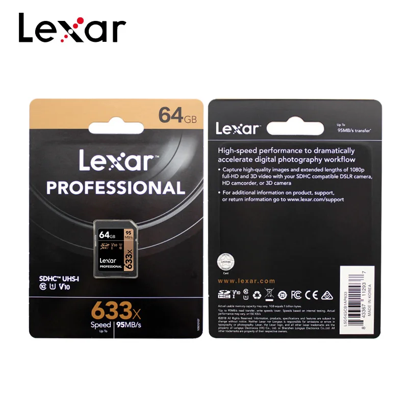 Lexar 633x карты памяти высокой Скорость 95 МБ/с. 32 Гб оперативной памяти, 16 Гб встроенной памяти класса 10 UHS-I V30 64 Гб 128 U3 SD карты для 1080p HD 4K Камера