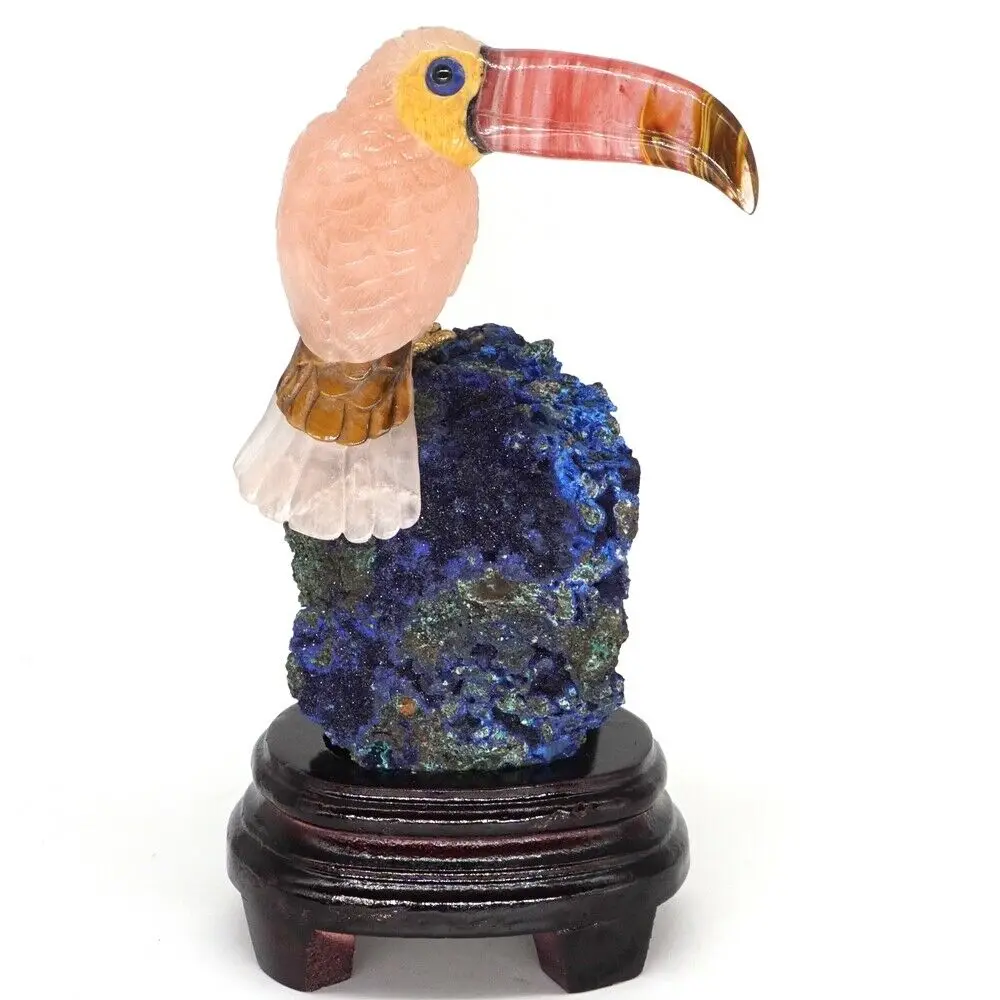 Фигурка Toucan натуральный драгоценный камень розовый кварц Азурит статуя