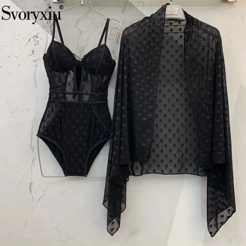 Женское кружевное боди с накидкой Svoryxiu черный однотонный фатиновый костюм на