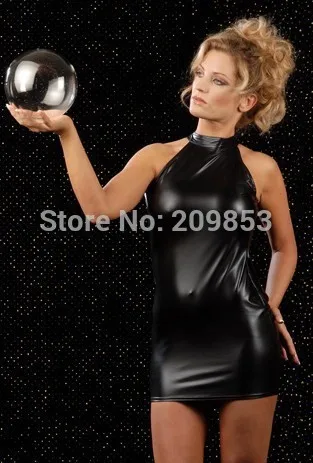 2017 Sexy Customes for Women Lingerie Black Halter Backless Pvc Slim Dress+g String 2pcs Set Custom Babydoll Mujer | Тематическая