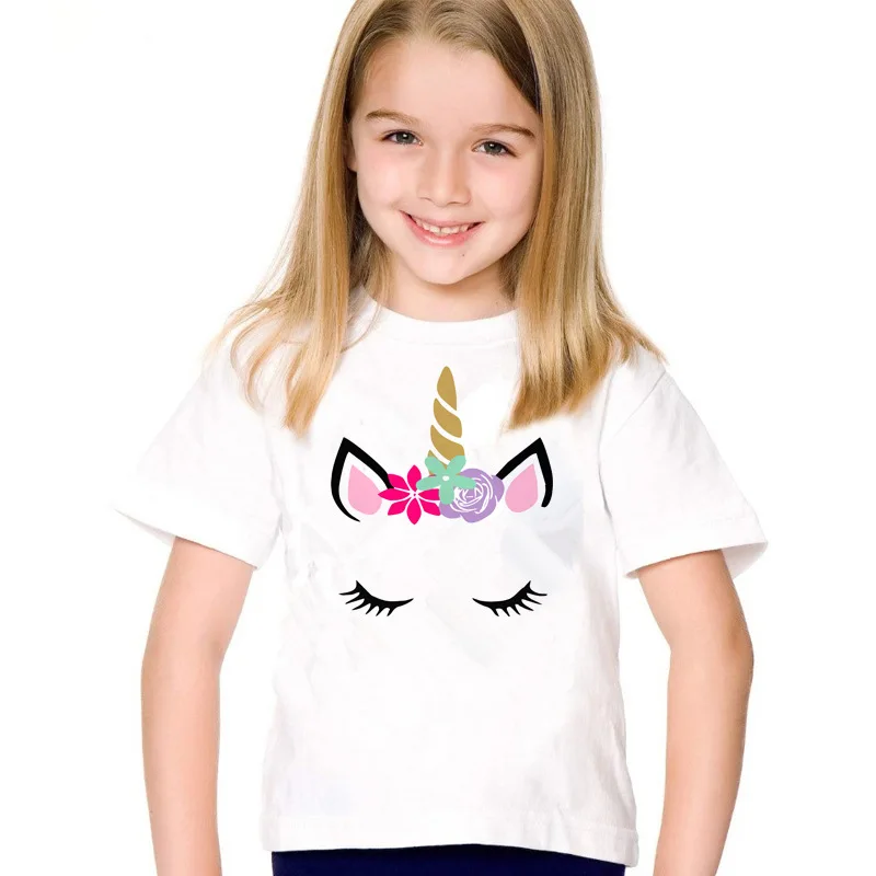 Kids Summer T shirt  2 6 8 10 Years Birthday Girl Unicorn Face Print Children's T-shirt Baby Girls Funny Cartoon Clothes Boy Tee
