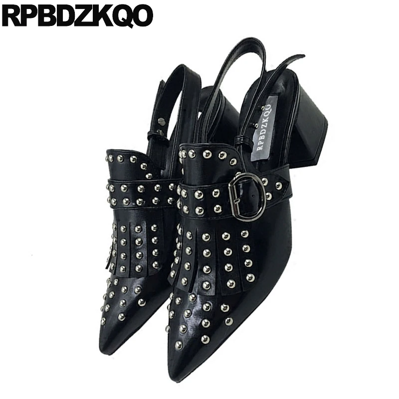 Rivet Size 4 34 Punk Block Heels Slingback Black Thick Sandals Women Summer Designer Brand Medium Shoes Stud Pointed Toe