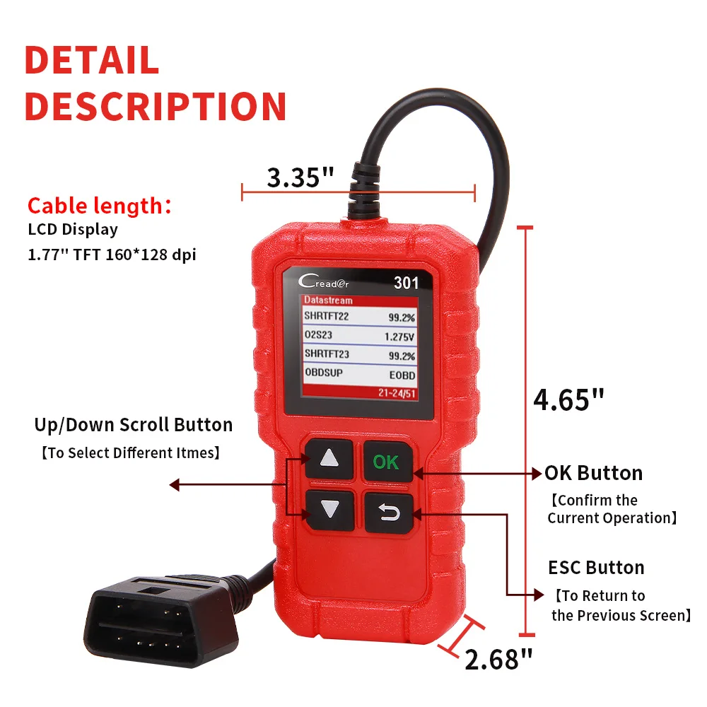 LAUNCH X431 считыватель кодов Creader 301 полный OBDII/EOBD автоматический диагностический