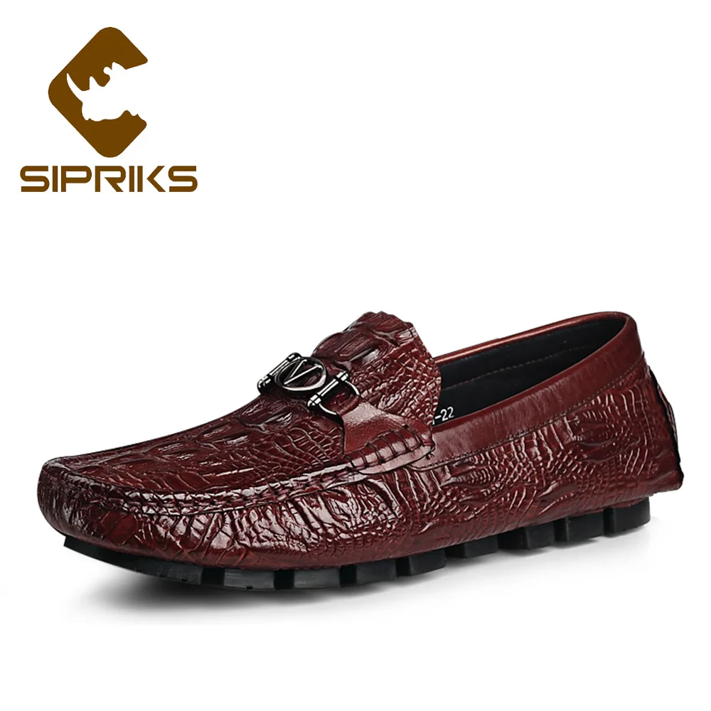 

Sipriks Mens Printed Crocodile Skin Loafers Genuine Leather Casual Leather Shoes Slip-On Flat-Bottomed Shoes Black Wine Red Falt
