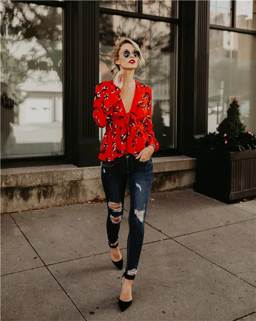 women blouse fashion sexy deep v-neck flower printed female ladies clothing womens top shirt |