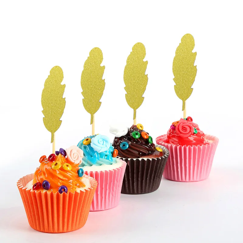 24 шт бумаги кекс топперы золотой блеск перо в стиле бохо торт Топпер день