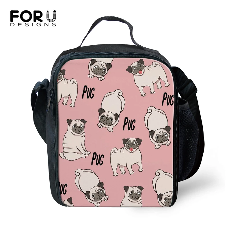 

FORUDESIGNS Kids Cooler Lunch Bag Cute Pug Printed Girls Thermal Insulated Lunch Box For School Children Picnic Food Bag Women