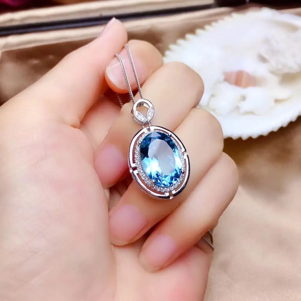 

Luxurious big round Leaf Natural blue topaz gem pendant S925 silver Natural gemstone Pendant Necklace women party gift jewelry
