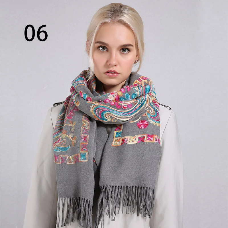 06 Dark Grey Sparsil, Женский кашемировый шарф с вышивкой, Осень-зима, Цветочный, с кисточками, 200*70 см, Пашмина, шаль с цветами, женские шарфы, мусульманские шарфы - Цвет: 06 Dark Grey