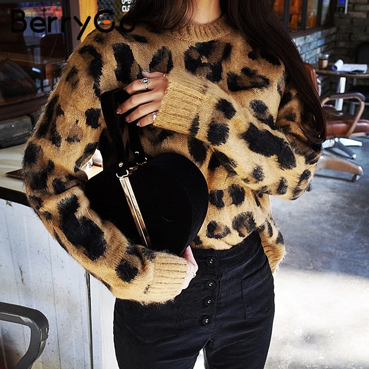 BerryGo Leopard knitting women sweater Knitted vintage sweaters female 2018 autumn winter long sleeve causal jumper | Женская одежда