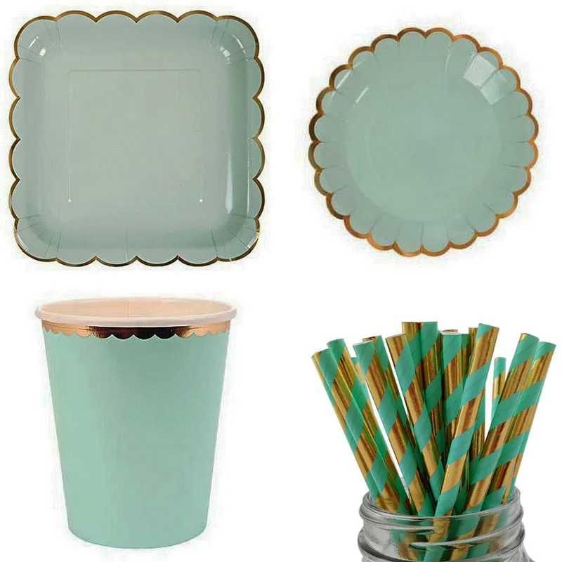 Mint Green Straw Set Мятный зеленый Pinkl фольга золото одноразовые наборы посуды бумажные тарелки чашки соломы для показа пола свадебные приспособления для декора вечеринки - Цвет: Mint Green Straw Set