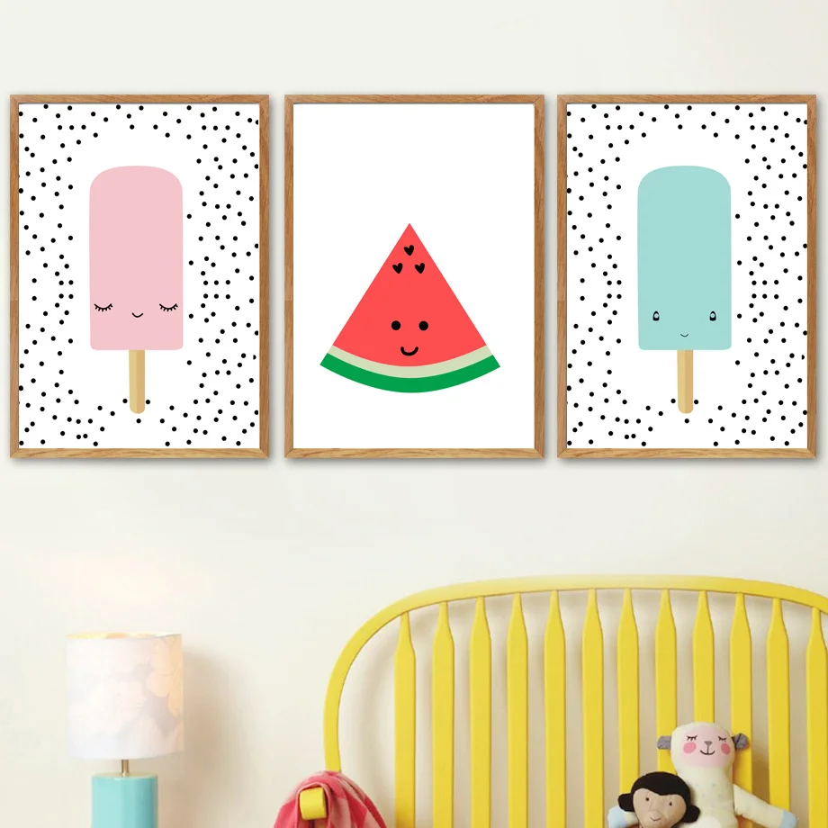

Cartoon Pink Ice cream Watermelon Minimalism Wall Art Canvas Painting Nordic Posters And Prints Wall Pictures Kids Room Decor