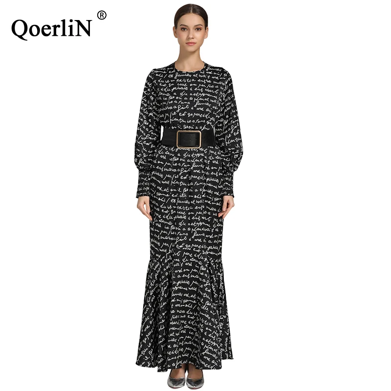 QoerliN старинная буква печати Макси платье для женщин 2019 Весна Новые Длинные рукава
