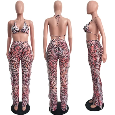 leopard Adogirl, Летний Пляжный комплект из двух предметов с принтом Tie Dye, с трусиками, женский сексуальный бюстгальтер, короткий топ с оборками, широкие штаны, клубная одежда - Цвет: leopard