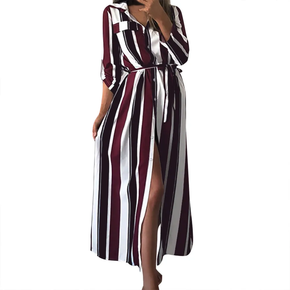 Женское платье рубашка повседневное длинное в полоску с длинным рукавом и