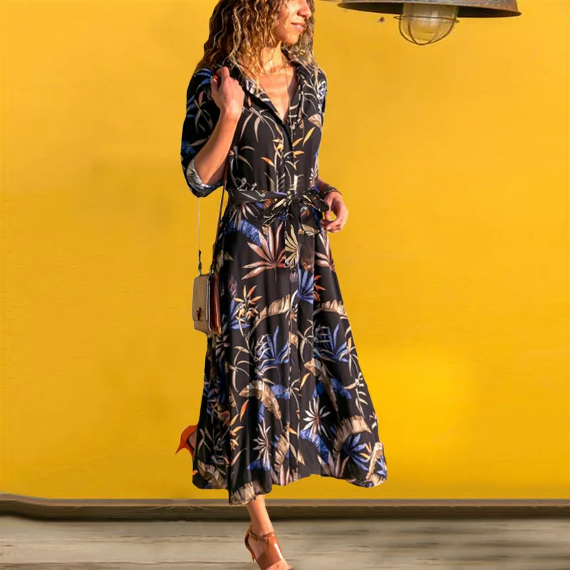 2018 новый модный принт с длинным рукавом Кнопка рубашка женщина платье Осень Зима