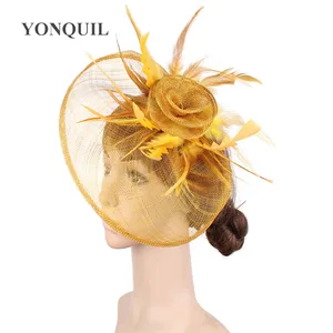 Женская Золотая шляпка с перьями, Коктейльная шляпка с цветами, аксессуары для волос, Свадебная шляпка, SYF470