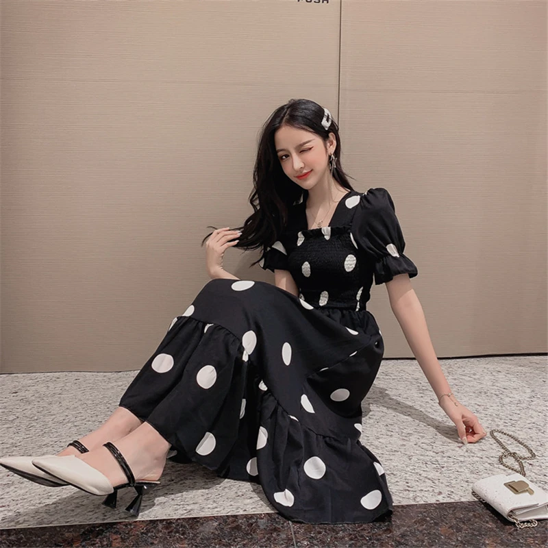 

2020 Sexy Dress Summer New French Retro waist wave Chiffon Dress Fashion Temperament square collar Long Slim Dress W095