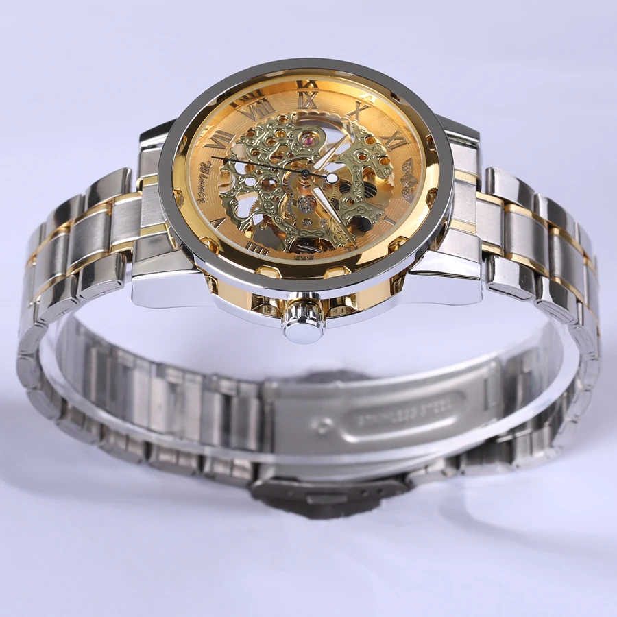 Часы наручные мужские механические брендовые Роскошные прозрачные золотистые