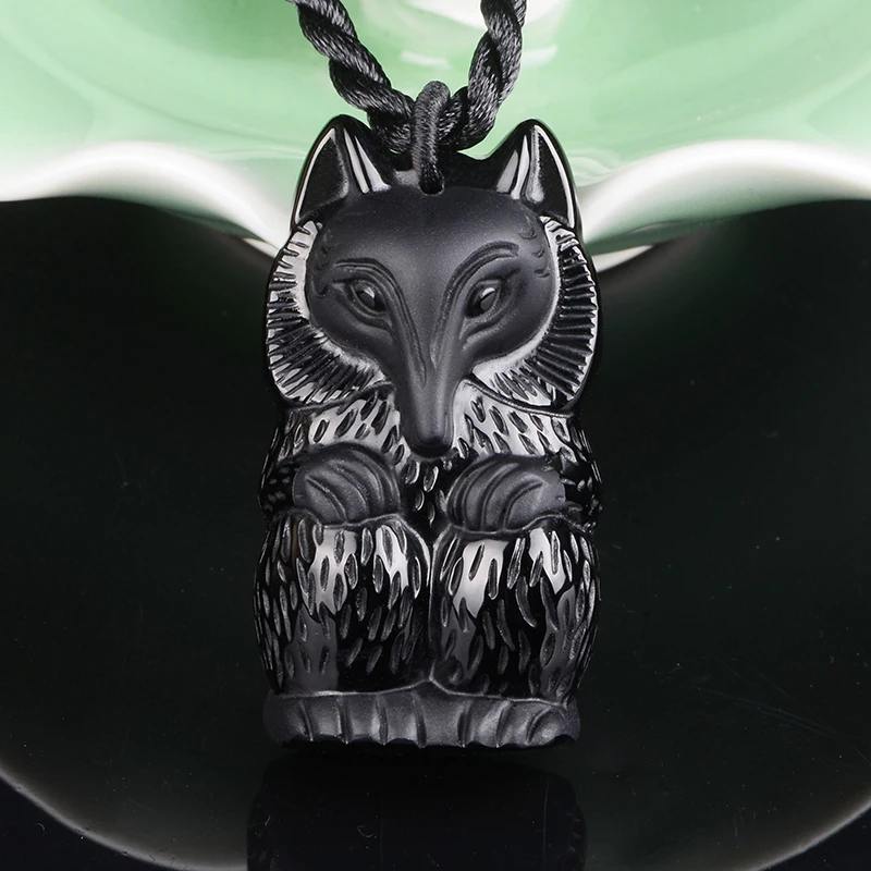 Прямая поставка Обсидиановая лиса подвеска из обсидиана натуральный черный